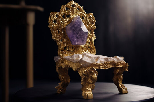 Golden chair of the gods which is decorated with purple amethyst generative ai