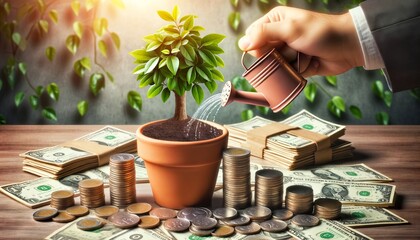 Growing a money tree - although money doesn't grow on trees, this illustration represents saving, earning, and growing your finances to get a return on your investments in retirement - obrazy, fototapety, plakaty