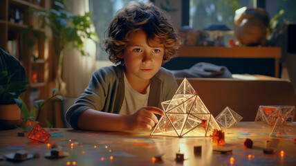 a boy playing with geometric shapes, imagination and adventure, a future scientist, engineer, genius