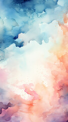 high narrow watercolor cumulus clouds light abstract background gentle pastel soft color pink white and blue painting