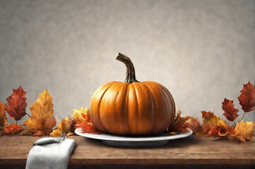 Pumpkin on a plate on a wooden table. Closeup. Thanksgiving or Halloween concept. Generative AI illustration