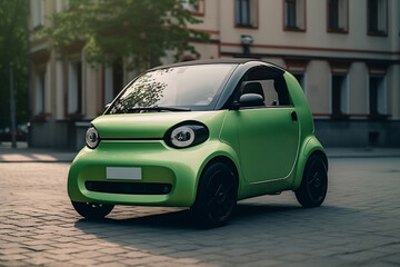 Green electric city car powered by green energy on city street at daylight generative ai