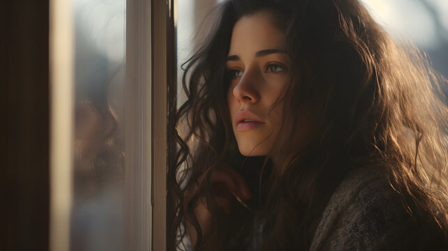 Closeup of a young woman near a window at home, feeling depressed,