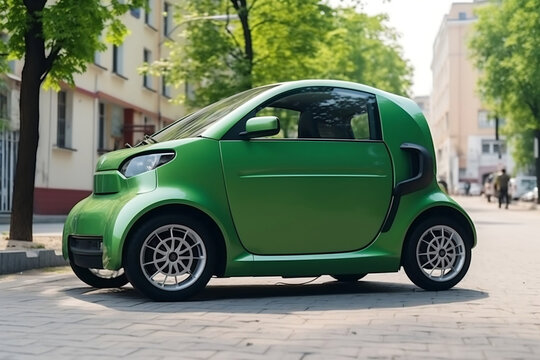 Green electric city car powered by green energy on city street at daylight generative ai