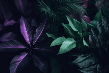 Green tropical leafy plants on dark purple as floral background generative ai