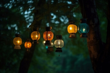 Obraz na płótnie Canvas Group of simply illuminated lanterns hanging on tree in green forest generative ai