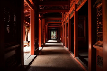 Hallway with wooden red arche of Torii at monastery generative ai
