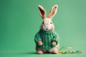 Fototapeta premium Happy Easter rabbit in sweater on green background as greeting card generative ai
