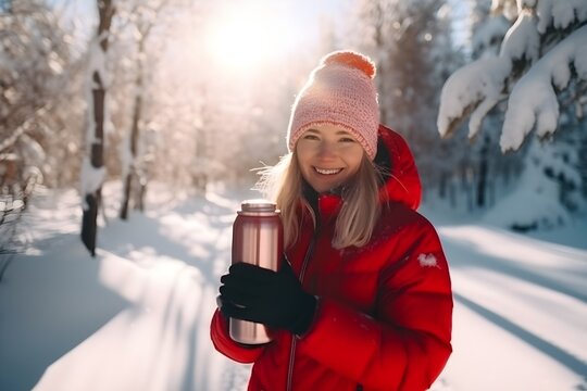 雪山で水筒を持っている女性