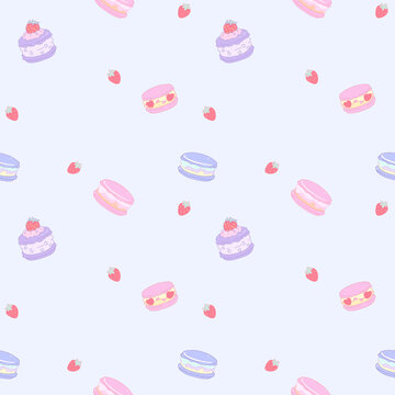  Purple seamless background Cake seamless pattern macarons strawberry on soft colors pink for wallpaper textile graphic design print paper 
