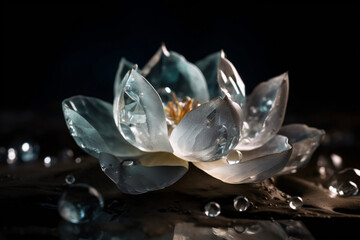 Iced and glassy lotus blossom with crystals around on dark background generative ai