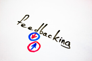 Feedbacking word, text concept written with marker. Feedbacking with arrows.