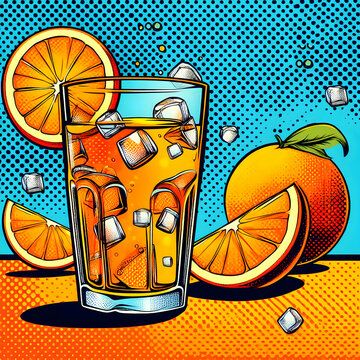 A refreshing glass of orange and pop art brighten the room
