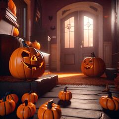 Halloween decorated home interior with Jack O Lanterns