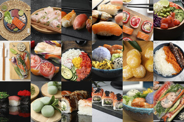Different tasty Asian dishes. Collage with sushi, sashimi, rolls and others