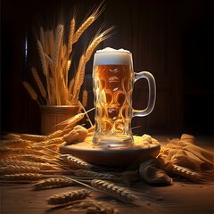 a beer glass next to some wheat and oats