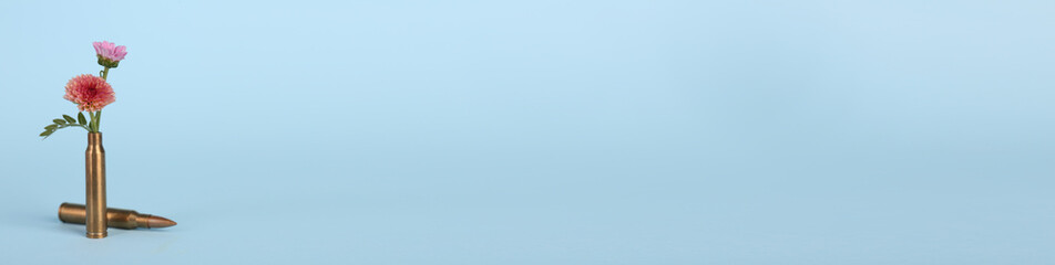 Bullets with beautiful chrysanthemum flowers on light blue background, space for text. Banner design