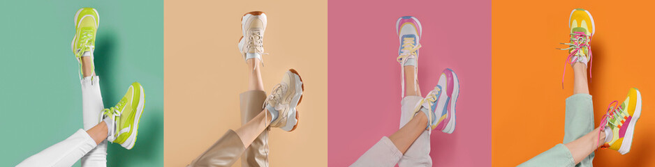 Photos of women in stylish sneakers on different color backgrounds, collage design