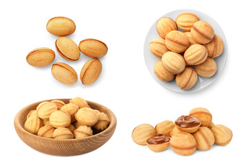 Delicious nut shaped cookies with caramelized condensed milk isolated on white, collage design