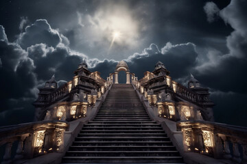 Illuminated baroque stairway leading to heaven at clouds generative ai