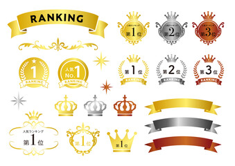 ランキングの装飾パーツのセット　表彰デザイン　年間　人気ランキングのアイコンイラスト　リボン　王冠　メダル - obrazy, fototapety, plakaty