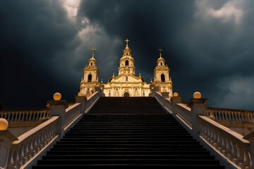 Naklejka premium Illuminated baroque stairway leading to heaven with sky on background generative ai