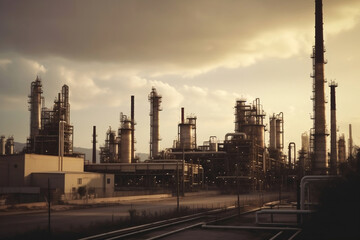 Industrial complex and oil refinery with smokestacks generative ai