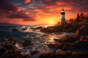 lighthouse on a promontory at sundown - obrazy, fototapety, plakaty