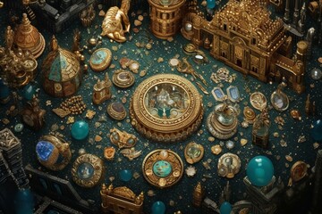 Fototapeta na wymiar Overhead view of a lavish treasury adorned with shimmering currency and jewels, illuminated beautifully and artistically. Generative AI