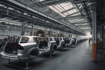 Interior of factory with assembly line for modern cars generative ai