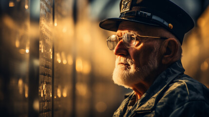 Portrait of an old man in a military cap and glasses.