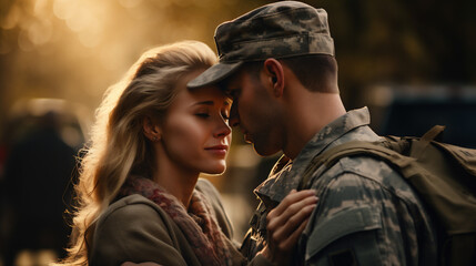 Fototapeta premium young soldier in military uniform kissing girlfriend in park
