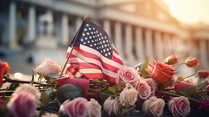 American Flag and flowers Veteran day memorial