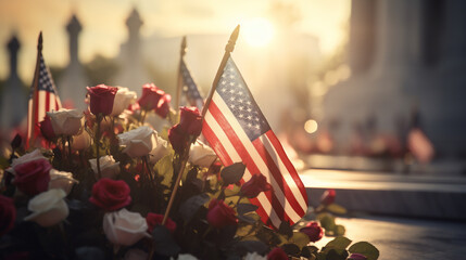 American Flag and flowers Veteran day memorial