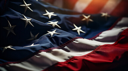 Closeup of rippled American flag, shallow depth of field