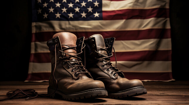 Pair of leather boots on a wooden table against the background of the American flag