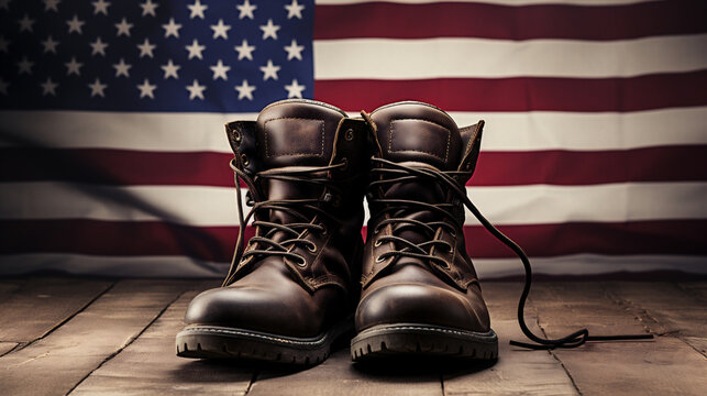 Pair of leather boots on a wooden table against the background of the American flag
