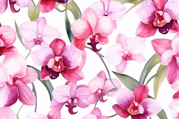 Fototapeta na wymiar Pink orchid watercolor pattern. Generative AI