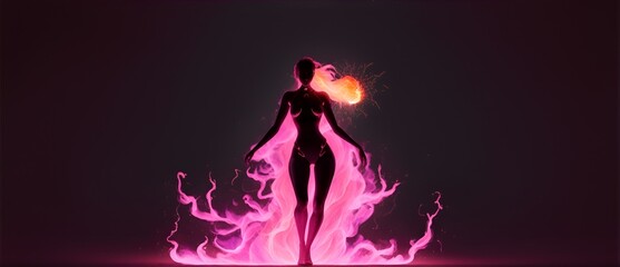 Human female like aura silhouette figure emanating pink fire flaming aura and sparks on a plain black dark background from Generative AI