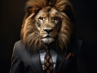 A lion wearing a suit and tie. Generative AI.