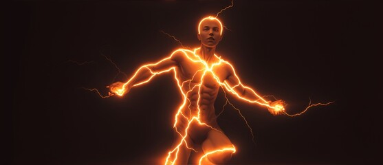 Human like figure emanating orange electrical lightning aura on a plain black background from Generative AI