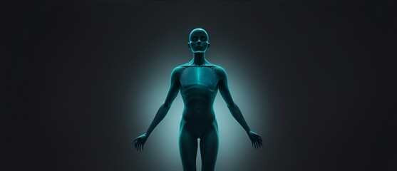 Human like figure emanating teal dark aura on a plain black background from Generative AI