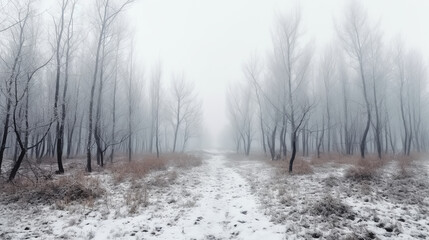 Road in a forest on a misty winter day. Trees in a snowy park after blizzard. Desolate rural landscape.