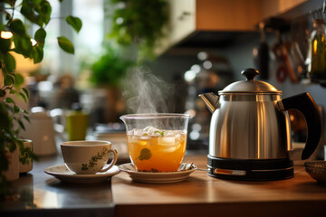Fototapeta premium citrus tea in a glass teapot ai generative