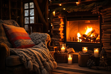 Fototapeta premium Cozy relaxation by the fireplace in a homely environment ai generative