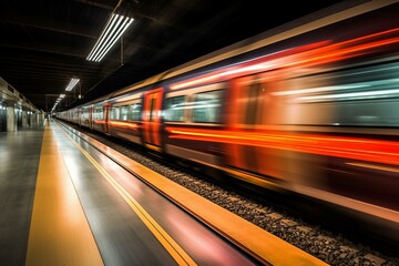 Fast-moving railway with blurred train motion. Generative AI