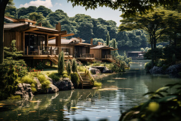 Naklejka premium holiday cottages on the banks of a river in the tropics ai generative