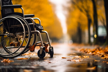 care for people with disabilities, wheelchair in autumn park ai generative