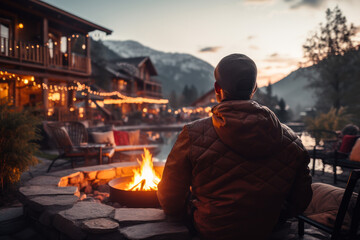 man relaxing by the fire enjoying the views ai generative