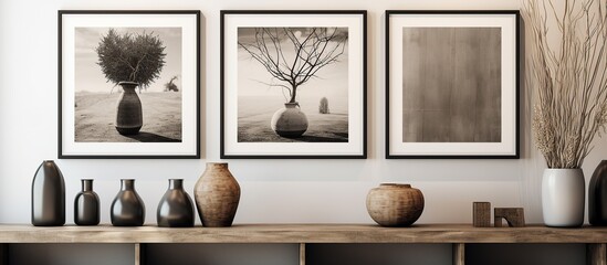 Modern living room interior design with mock up poster frame, vase, plant and wooden shelf. - obrazy, fototapety, plakaty
